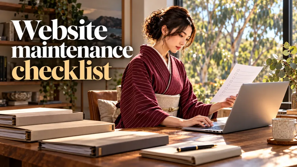 The TASKUL ambassador in a mulberry-red pinstriped kimono and pale stone obi sits at a sunlit Australian home workroom desk, using a laptop while reviewing a monthly website maintenance checklist beside several client folders.