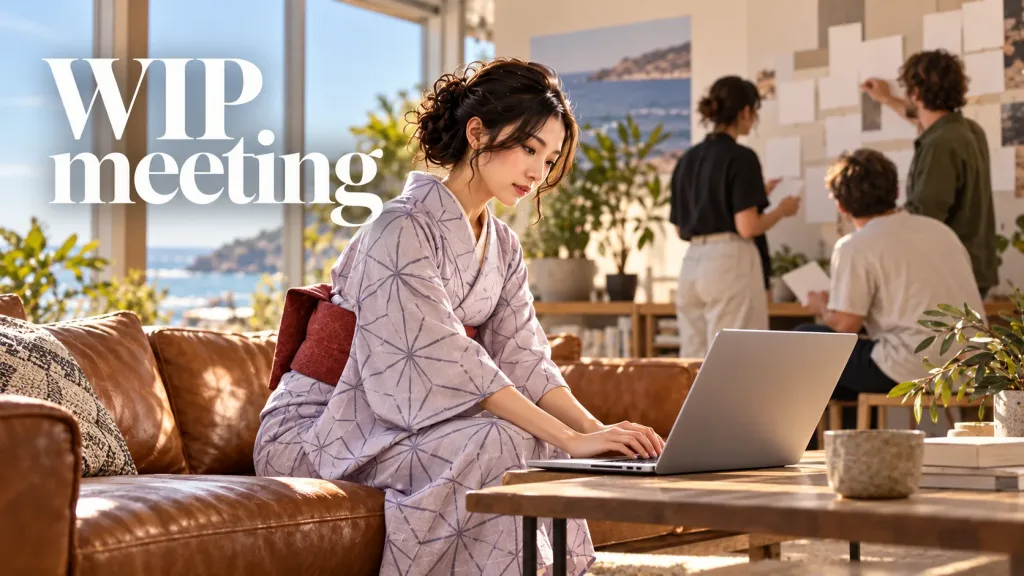 The TASKUL ambassador in a pale lilac geometric summer kimono and rust-red obi leans forward on a sofa in a coastal Australian design studio, typing on a laptop as colleagues review project cards.