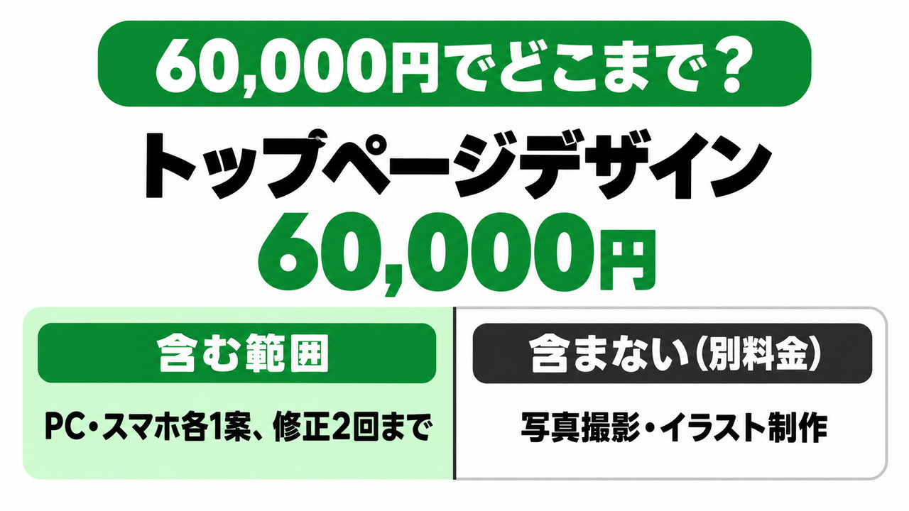 フリーランスの料金表の記入例。トップページデザイン60,000円に含む範囲は「PC・スマホ各1案、修正2回まで」、含まない別料金は「写真撮影・イラスト制作」