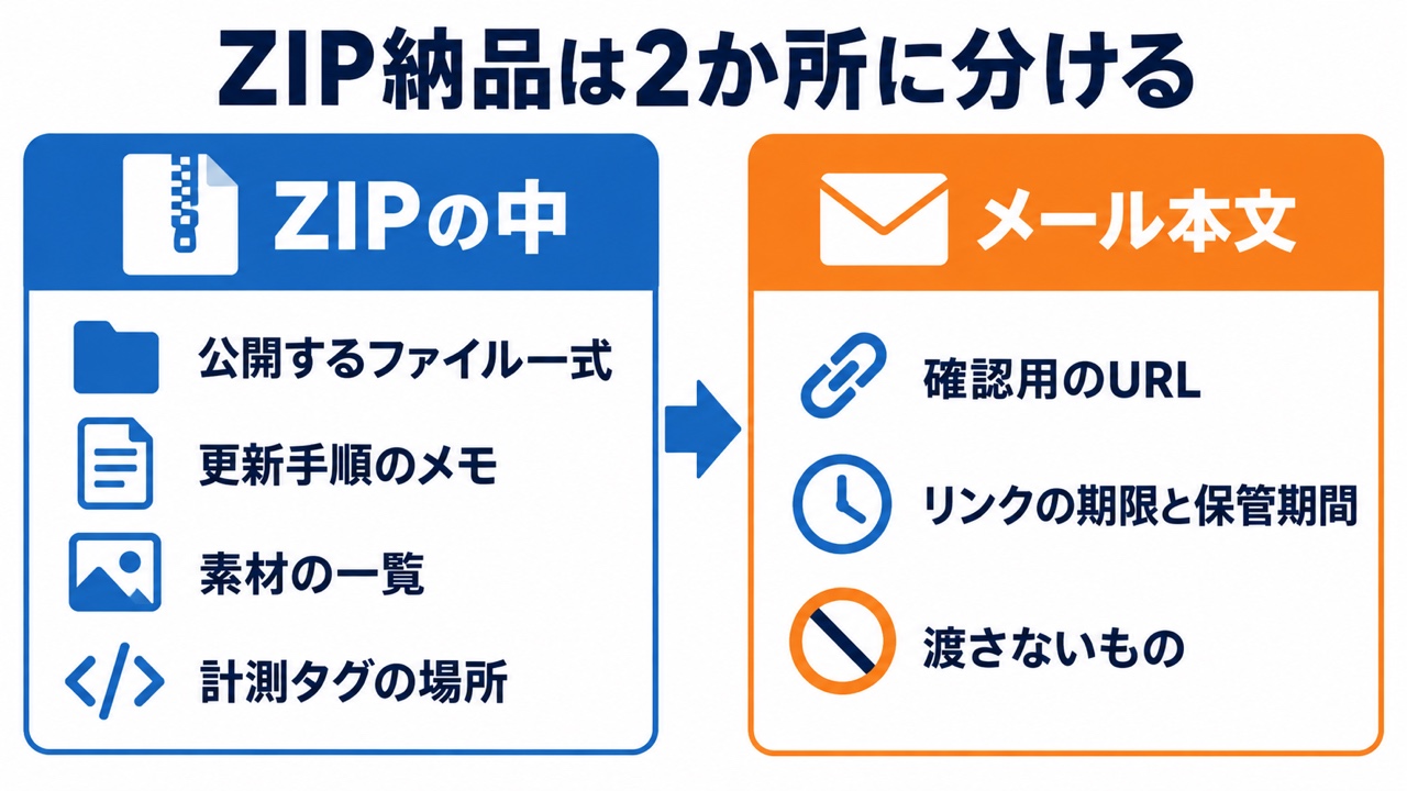ZIPでLPを納品するときの同封物の図。「ZIP納品は2か所に分ける」の下に、ZIPの中は公開するファイル一式・更新手順のメモ・素材の一覧・計測タグの場所、メール本文は確認用のURL・リンクの期限と保管期間・渡さないもの