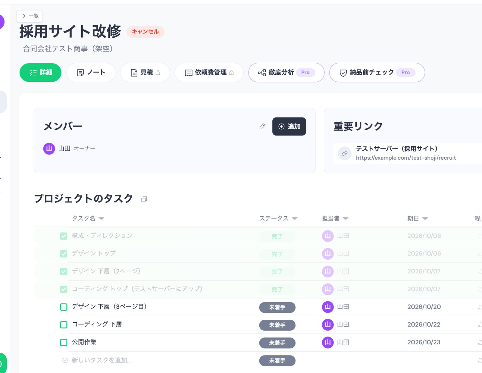 途中キャンセルした案件で「完了タスクを表示」をオンにした画面。完了したタスクと未着手のタスクが並んでいる