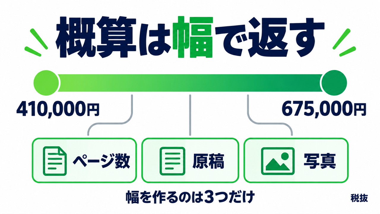 概算見積の出し方の図。「概算は幅で返す」と題し、410,000円から675,000円(税抜)までの幅の線に、幅を作る条件としてページ数・原稿・写真の3つがつながり、「幅を作るのは3つだけ」と書かれている