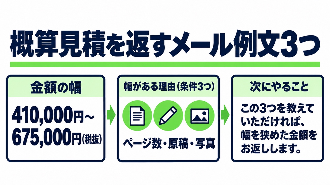 概算見積を返す例文に入れる3つの中身の図(文例1の場合)。金額の幅「410,000円〜675,000円(税抜)」、幅がある理由(条件3つ)「ページ数・原稿・写真」、次にやること「この3つを教えていただければ、幅を狭めた金額をお返しします。」を左から順に並べている