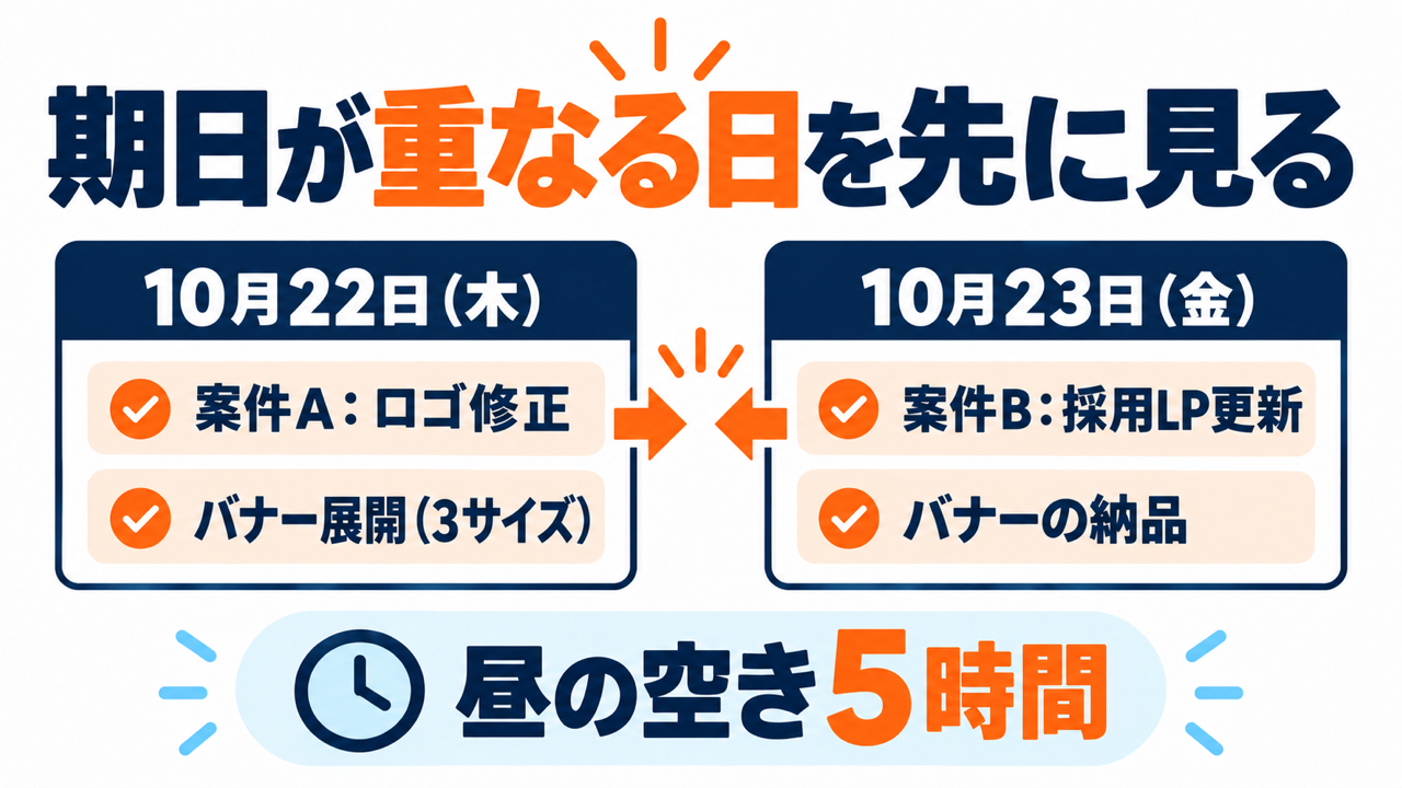 短納期の依頼で期日が重なる日を先に見る図。10月22日(木)に案件A:ロゴ修正とバナー展開(3サイズ)、10月23日(金)に案件B:採用LP更新とバナーの納品が重なり、素材が届いてから初稿までの昼の空きは5時間