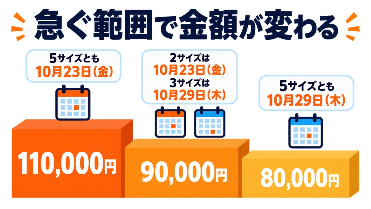 急ぐ範囲で特急料金が変わることを示す図。5サイズとも10月23日(金)なら110,000円、2サイズは10月23日(金)・3サイズは10月29日(木)なら90,000円、5サイズとも10月29日(木)なら80,000円