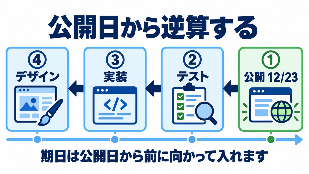 公開日12月23日から、テスト、実装、デザインの順に前へさかのぼって期日を入れる図