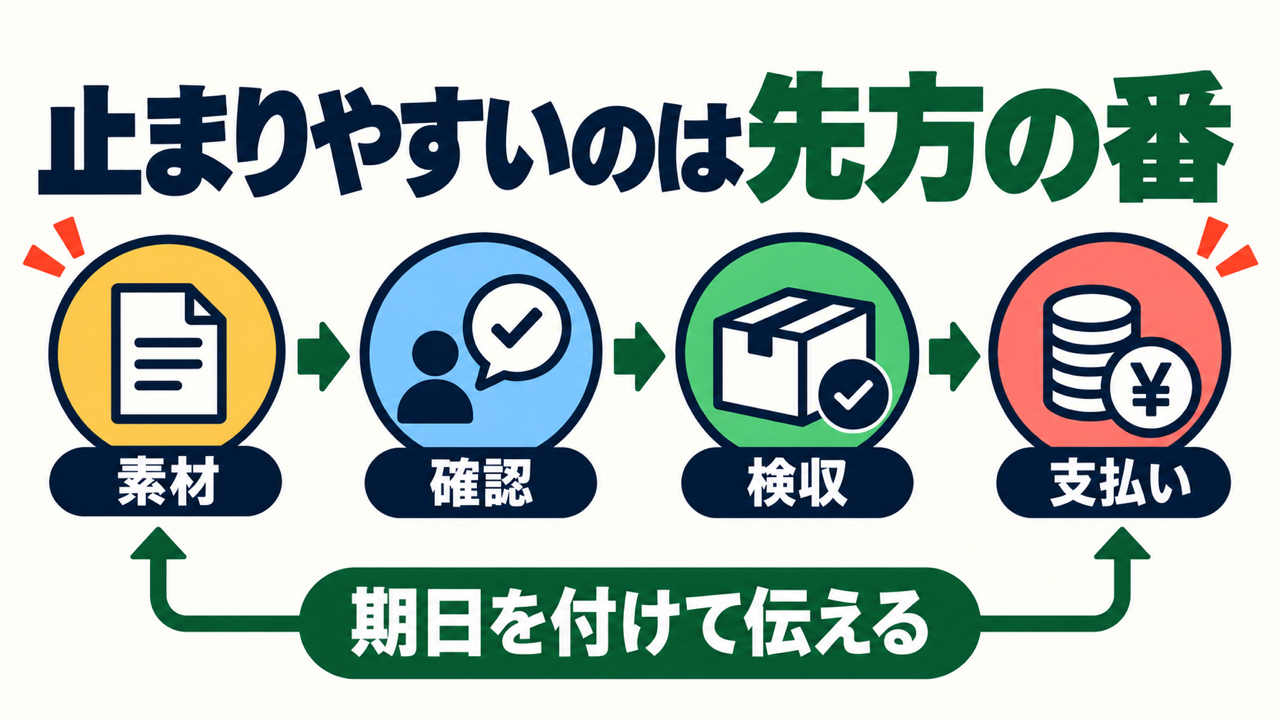 Web制作で止まりやすいのは先方の番であることを示す図。素材・確認・検収・支払いの4つに期日を付けて伝える