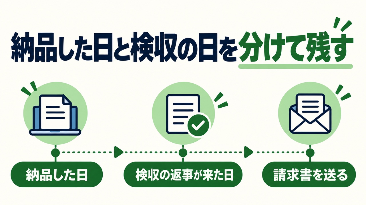 Web制作の納品と検収は別の日であることを示す図。納品した日、検収の返事が来た日、請求書を送るの順